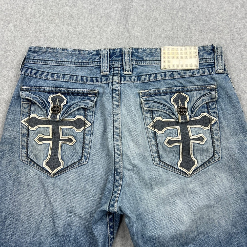 Affliction Grant Jeans Mens 34* Blue Embroidered Cross Pockets Straight Leg
